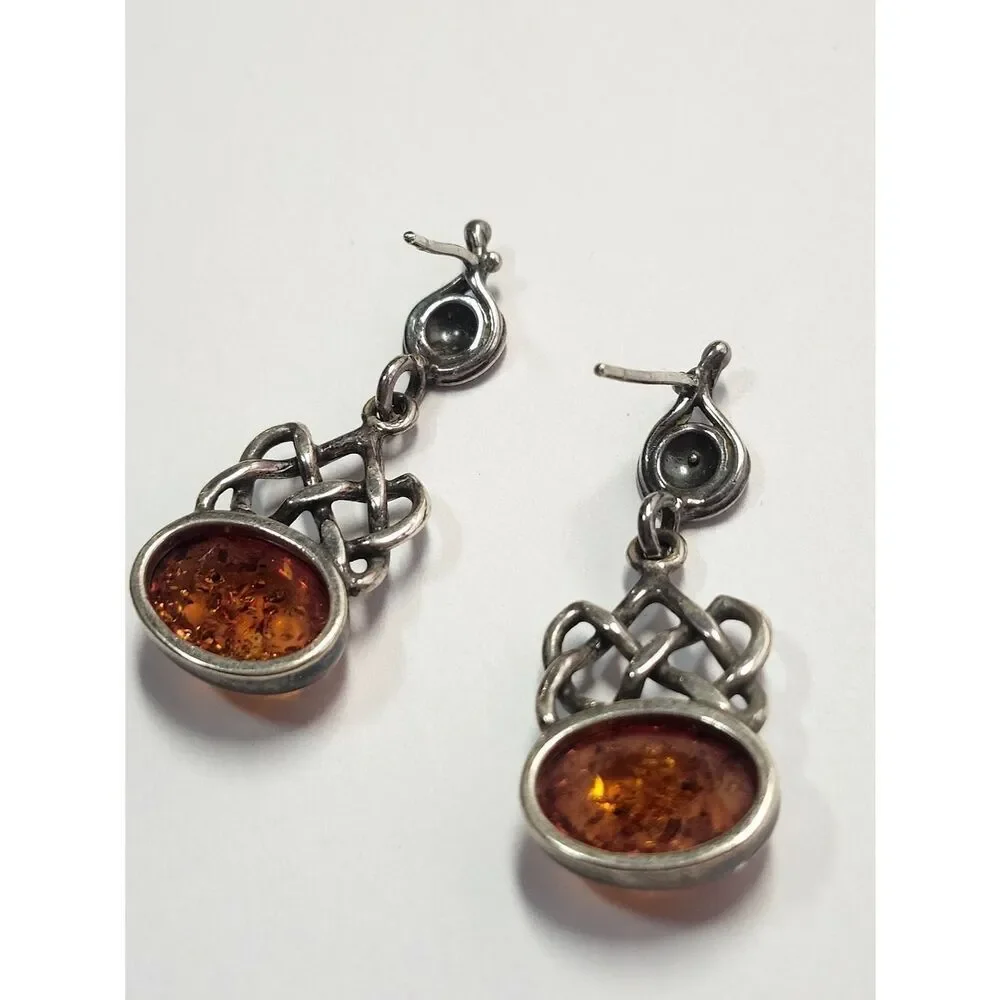 Sterling Silver Baltic Amber Dangle Earrings 925